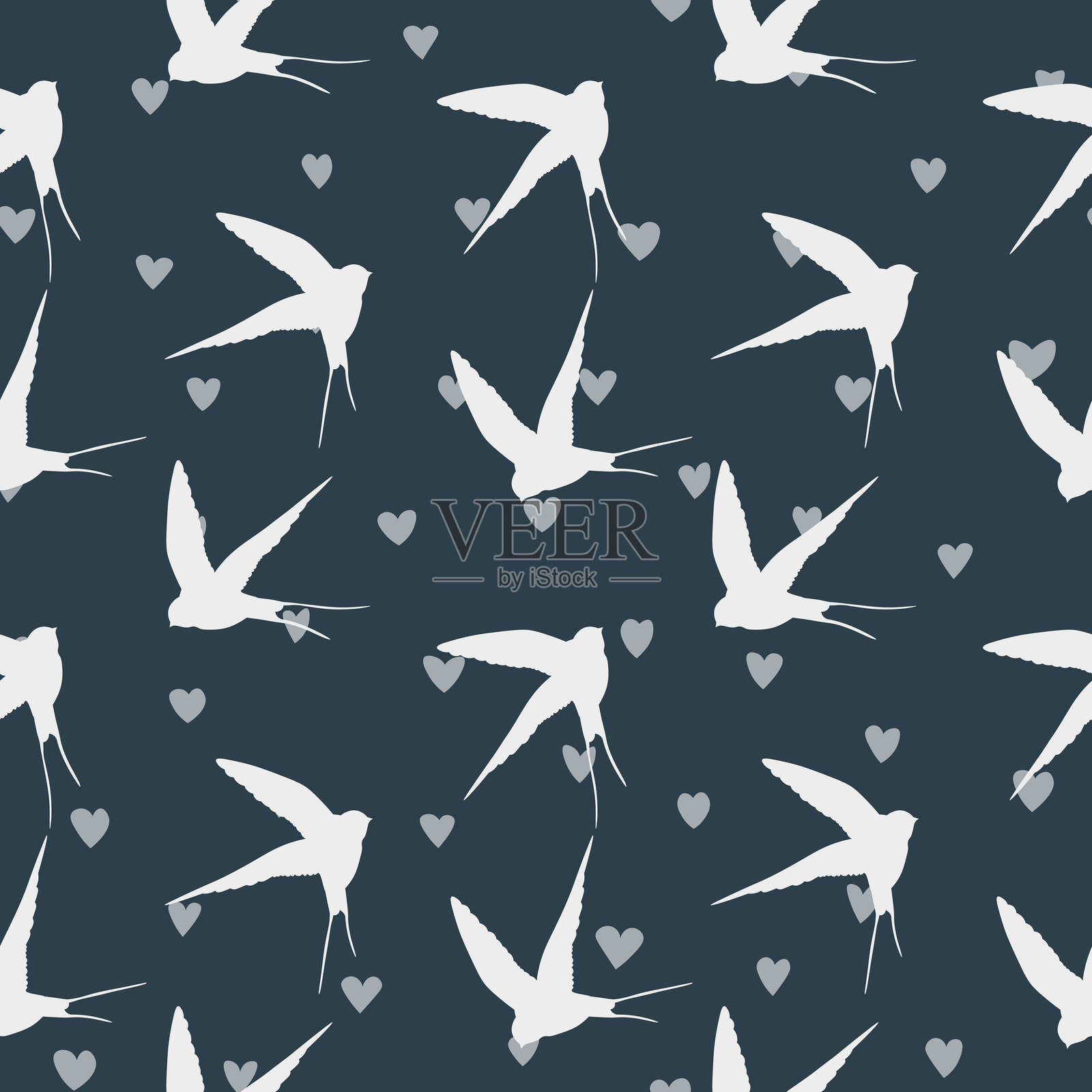 无缝图案，背景上有燕子的剪影。可爱的飞鸟。矢量插图。涂鸦风格。适用于邀请函、海报、卡片、面料和纺织品的设计。插画图片素材