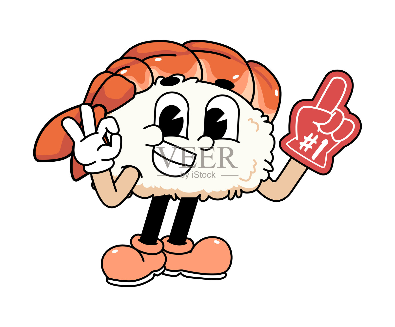 复古寿司吉祥物，虾寿司，做出OK手势，戴着一只“第一”的手套插画图片素材