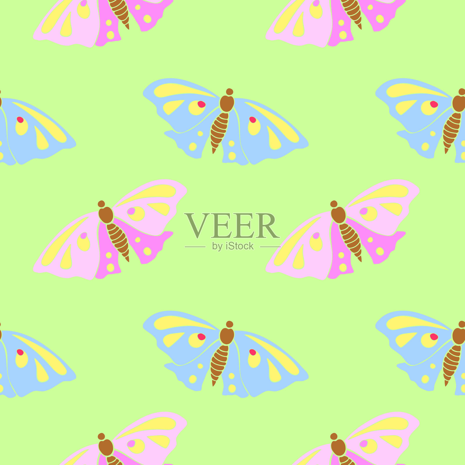 粉色和蓝色可爱蝴蝶的无缝矢量图案，采用平面风格。可爱的卡通美丽昆虫。自然、春天、夏天、儿童印刷主题的纹理，独立设计。插画图片素材