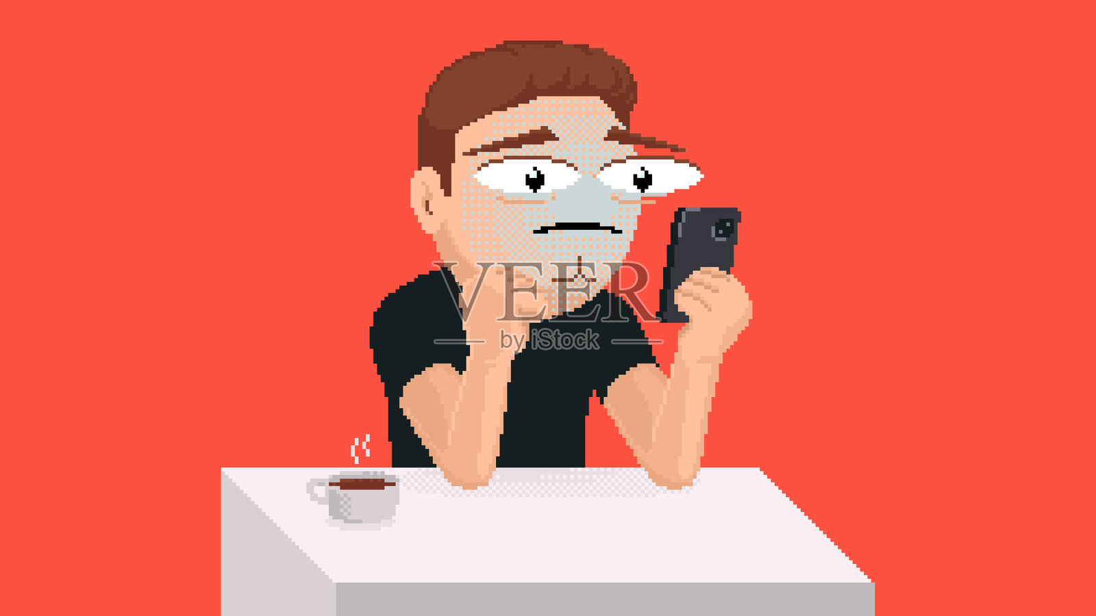 像素艺术风格的沮丧男人坐在桌子旁，使用手机阅读在线信息。孤独、心理健康或生活问题的概念。复古视频游戏8位风格的矢量插图。插画图片素材