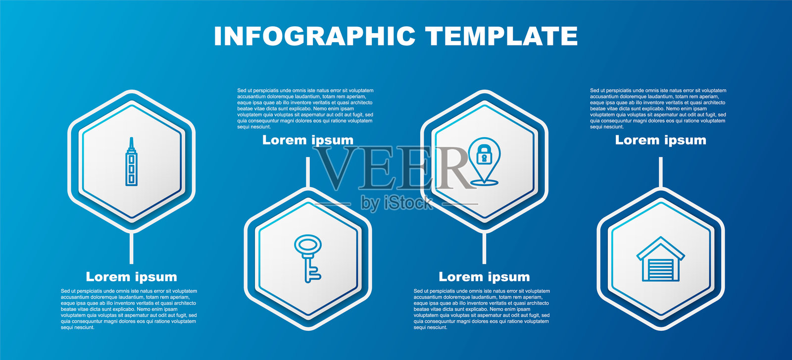 商业信息图模板：线条摩天大楼、房屋钥匙、位置锁和车库。矢量图。插画图片素材