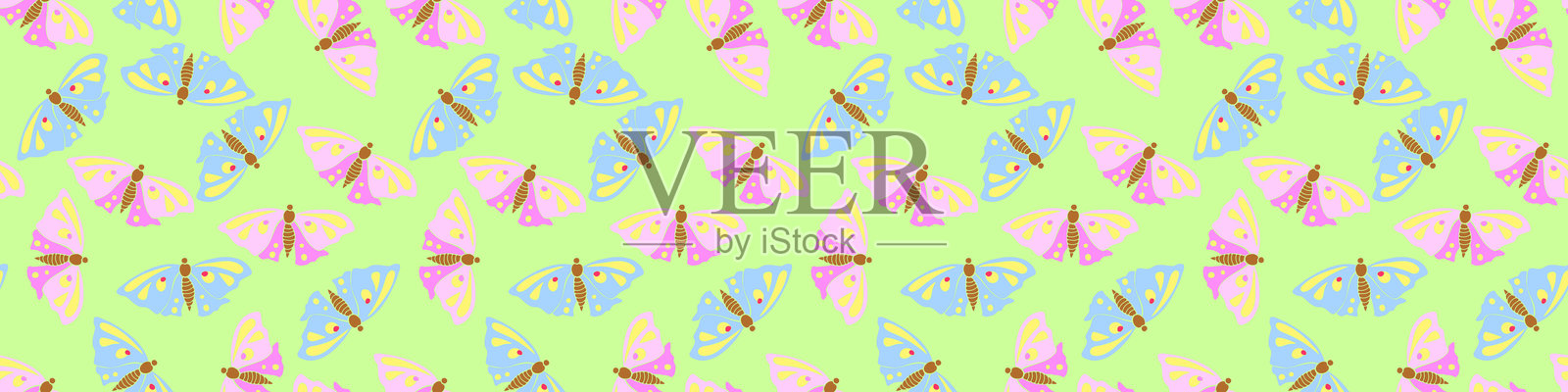 粉色和蓝色可爱蝴蝶的无缝矢量图案，采用平面风格。可爱的卡通美丽昆虫。自然、春天、夏天、儿童印刷主题的纹理，独立设计。插画图片素材