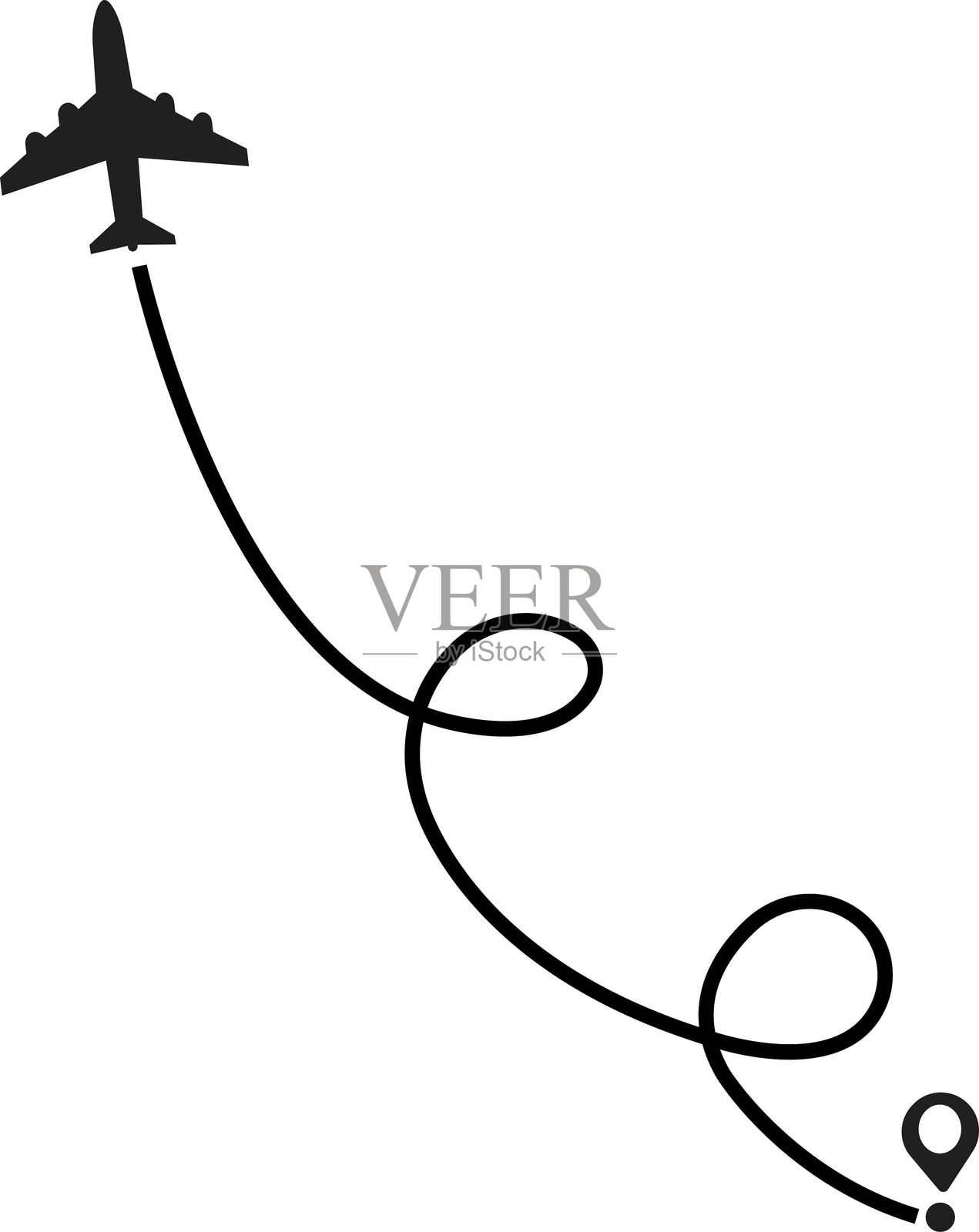 飞机航线路径图标。飞机从起点沿着线路的飞行路径。带有飞机轮廓的航线从一个航路点出发，背景透明。插画图片素材