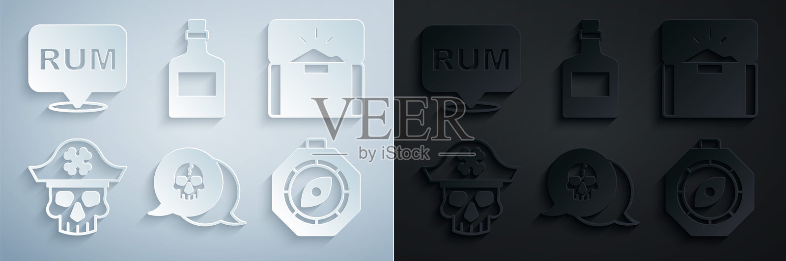 骷髅、古董宝箱、海盗船长、指南针、酒精饮料朗姆酒和图标。矢量图。插画图片素材