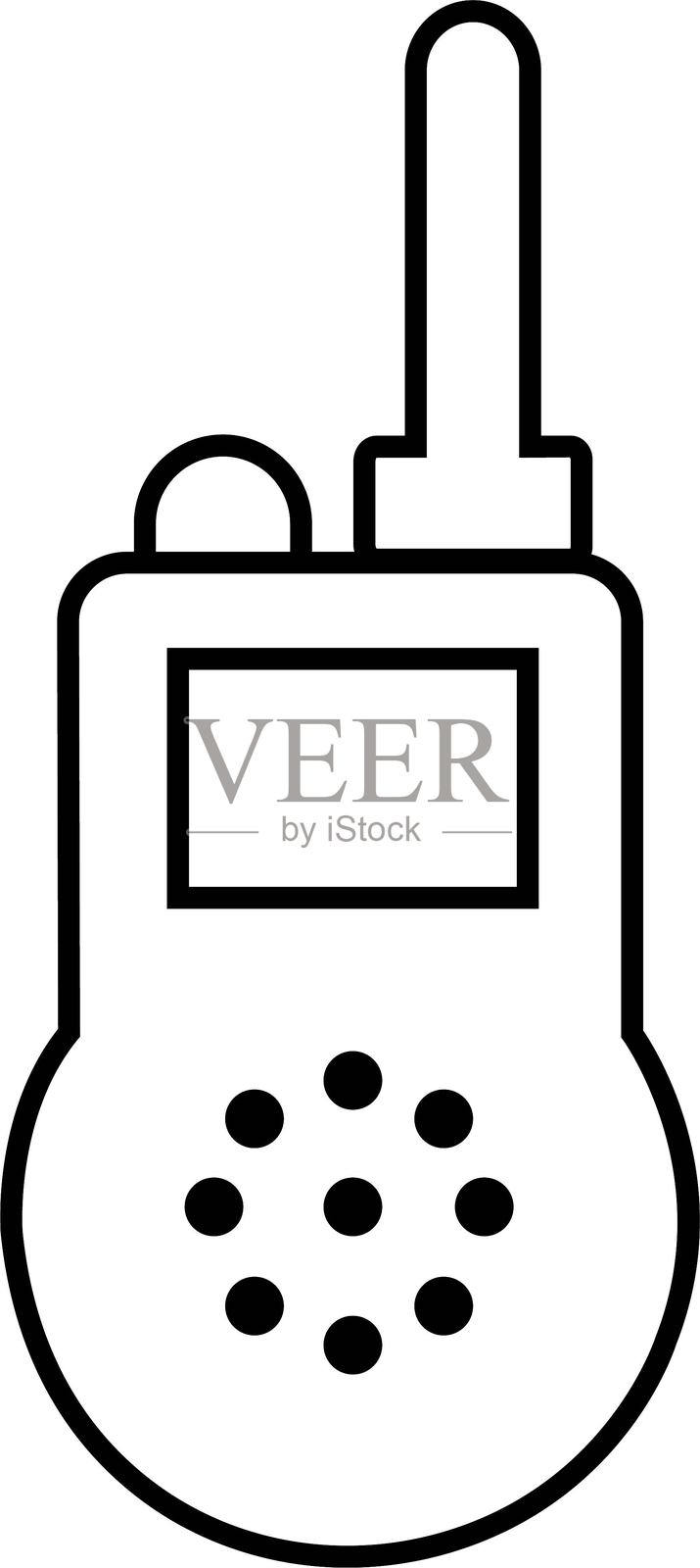 对讲机图标标志矢量插图，适用于透明背景的网页和移动应用。黑色线条元素来自户外活动概念，可编辑的库存。便携式无线电发射器符号。插画图片素材