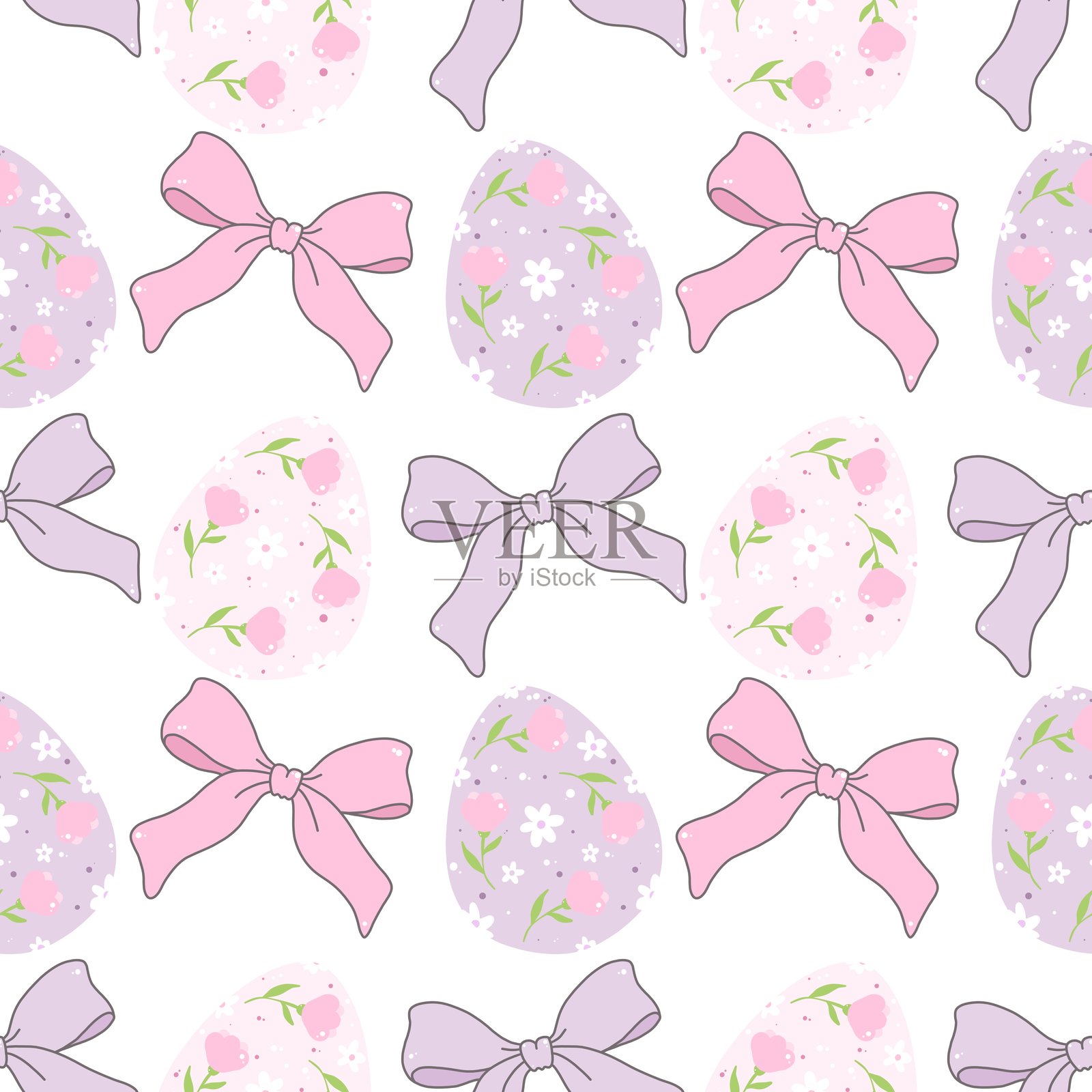淡雅的调皮蝴蝶结与复活节彩蛋无缝图案，奇幻的学院风蝴蝶结，可打印的重复数字纸，适用于面料印刷的纸张。非常适合用于面料、剪贴簿、横幅、卡片和包装纸。插画图片素材