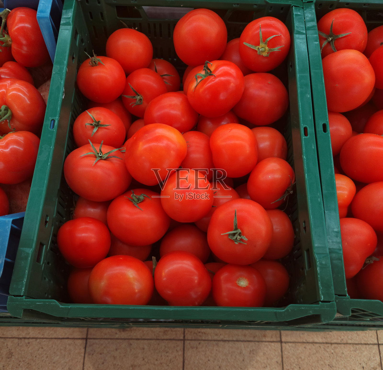 新鲜明亮的红番茄在塑料篮子里。特写镜头照片摄影图片