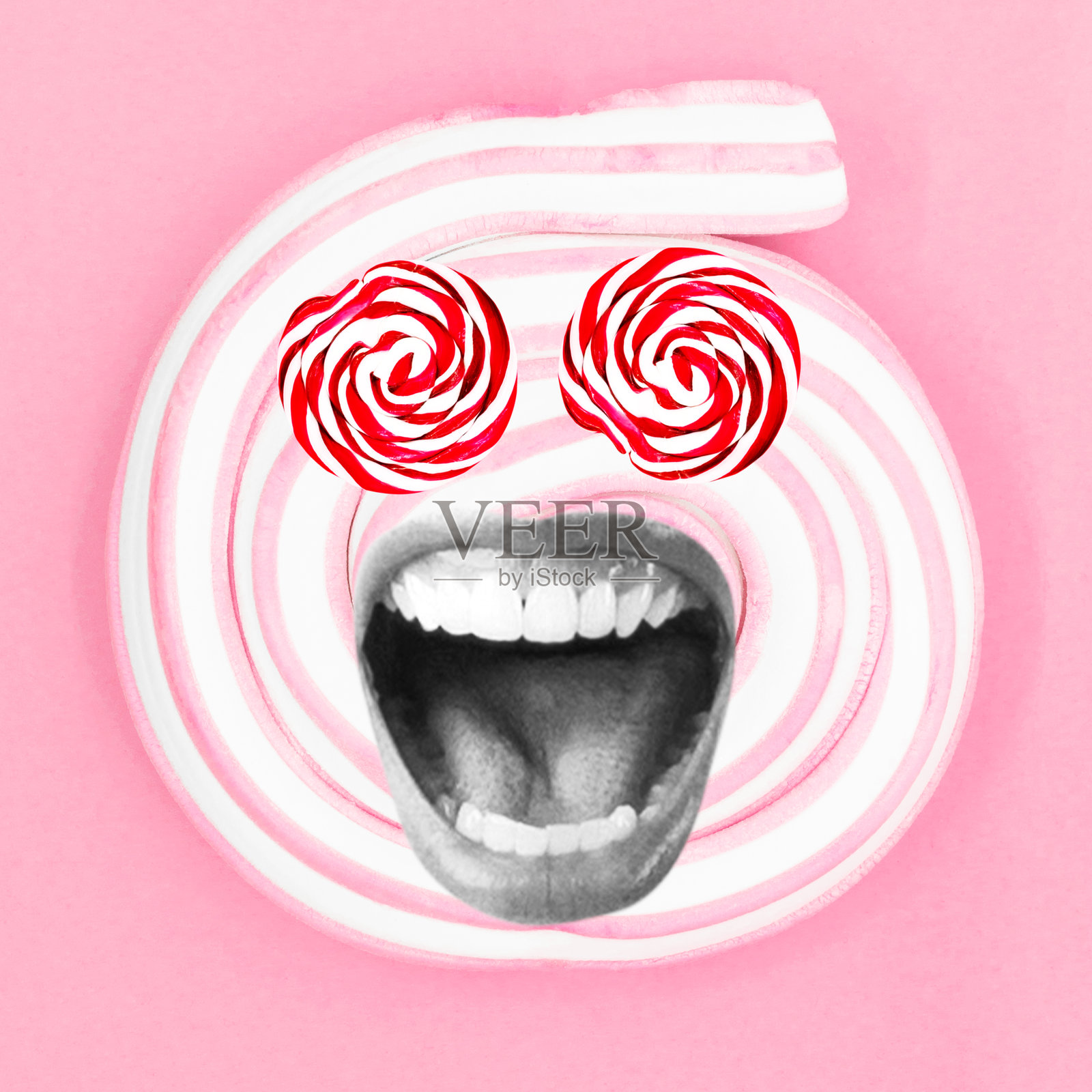 女人的嘴和眼睛由棒棒糖组成照片摄影图片