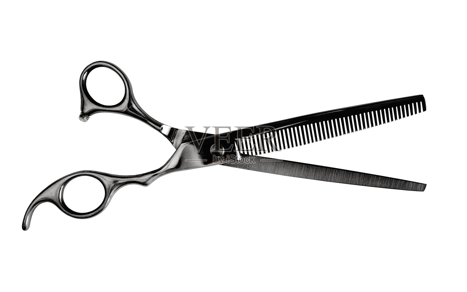 专业的黑色剪刀与打薄剪刀在白色背景上独立展示。照片摄影图片