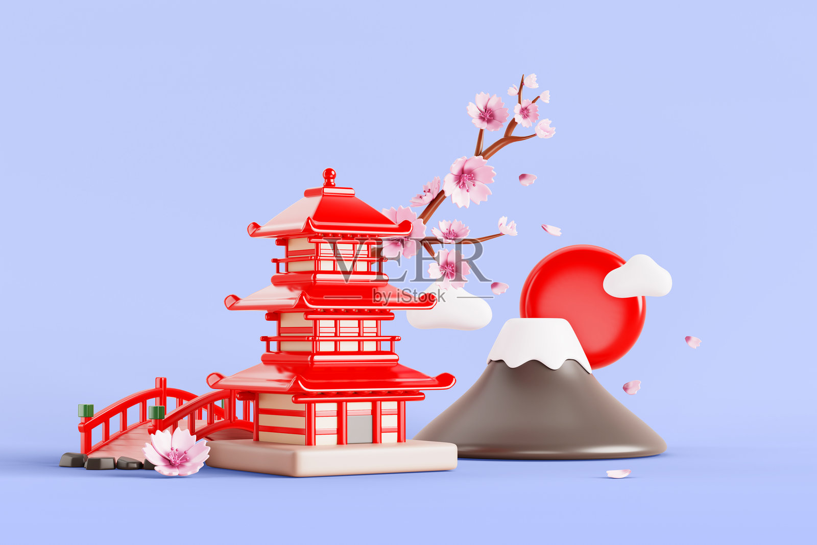 日本旅行3D背景，包含宝塔寺庙、富士山和樱花渲染。日本春季风景，有红桥、樱花树和在蓝天中飞舞的粉色花瓣。照片摄影图片
