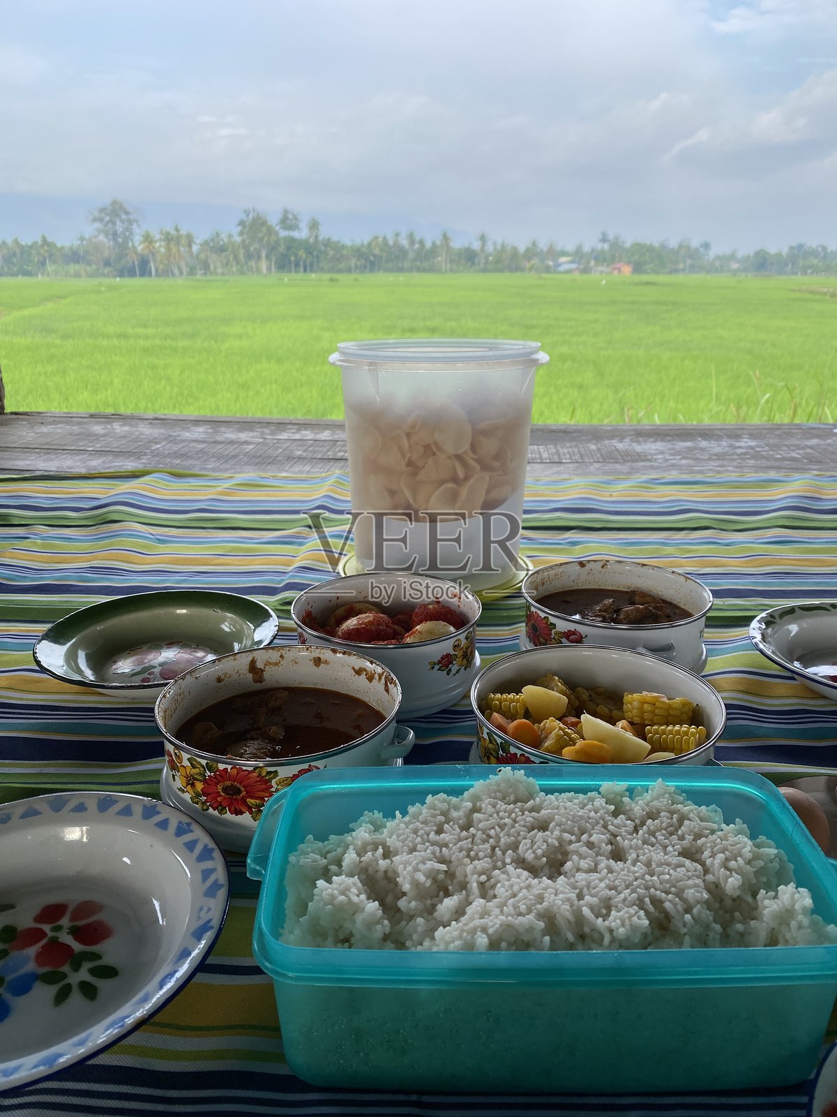 舒适的野餐布置，配有美味的菜肴和郁郁葱葱的绿地照片摄影图片