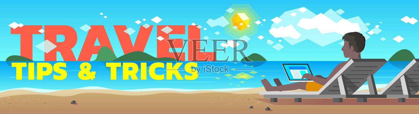 在海滩边工作边放松的男人设计模板素材