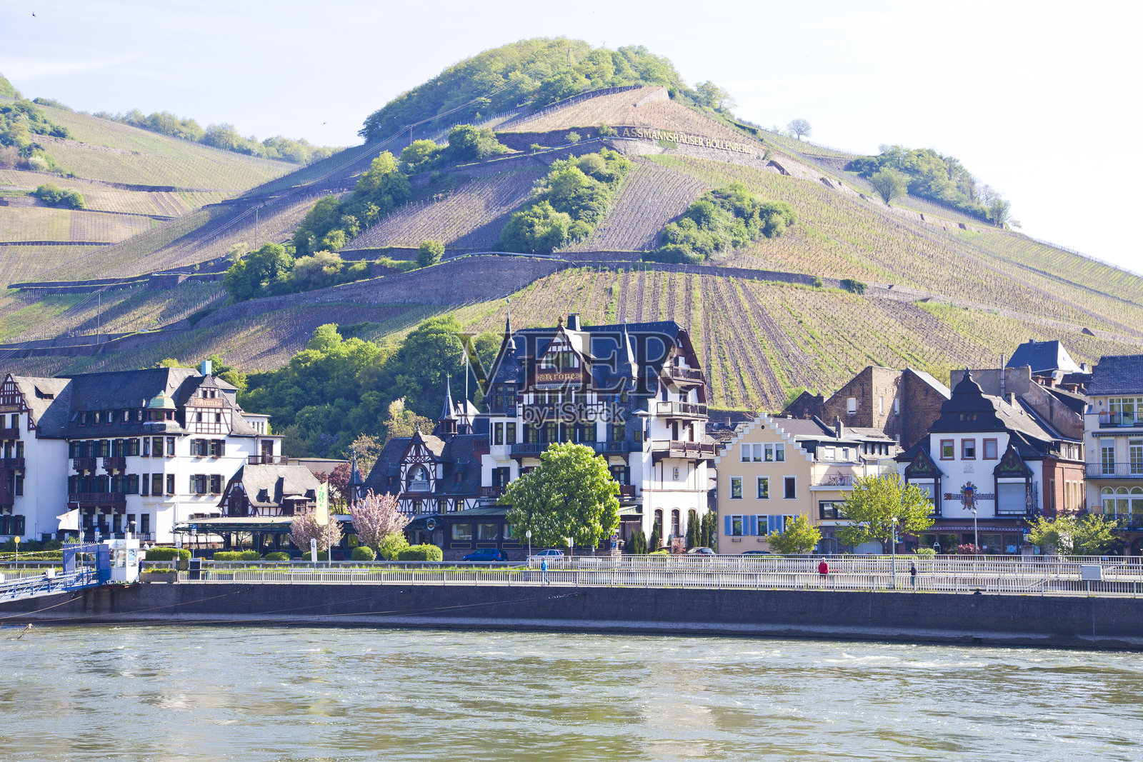 在中莱茵河游船上欣赏历史悠久的美丽城堡。照片摄影图片