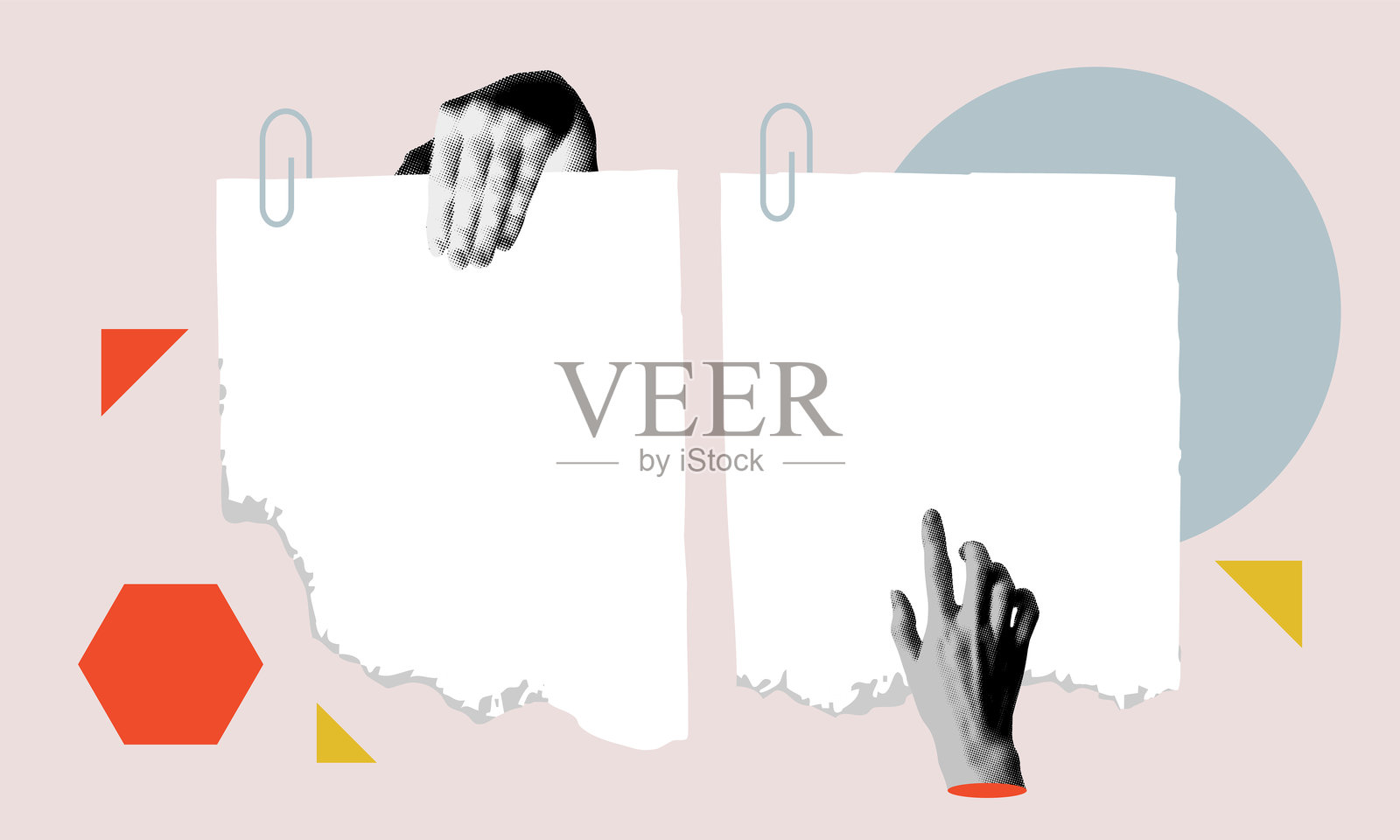 波普艺术风格的横幅，带有半色调的人体部位。手握撕裂的纸片插画图片素材