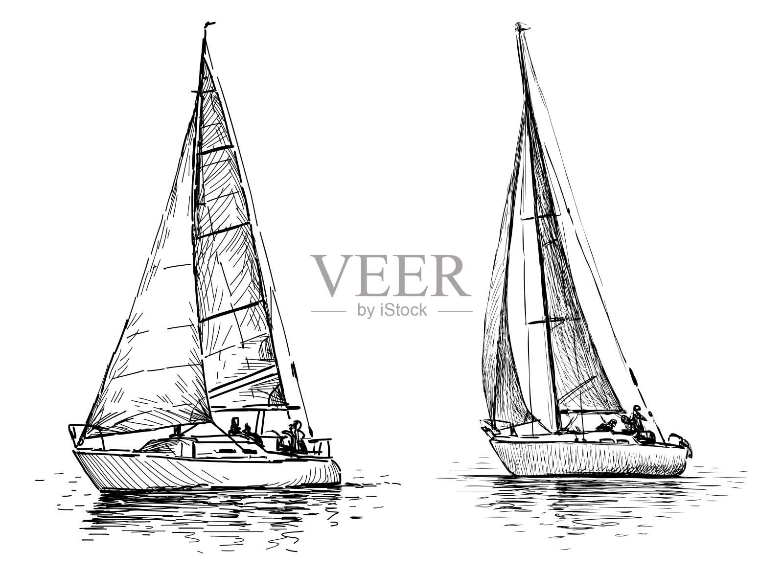 两艘帆船在海上航行的素描，逼真的手绘，矢量插图，白色背景上独立展示插画图片素材