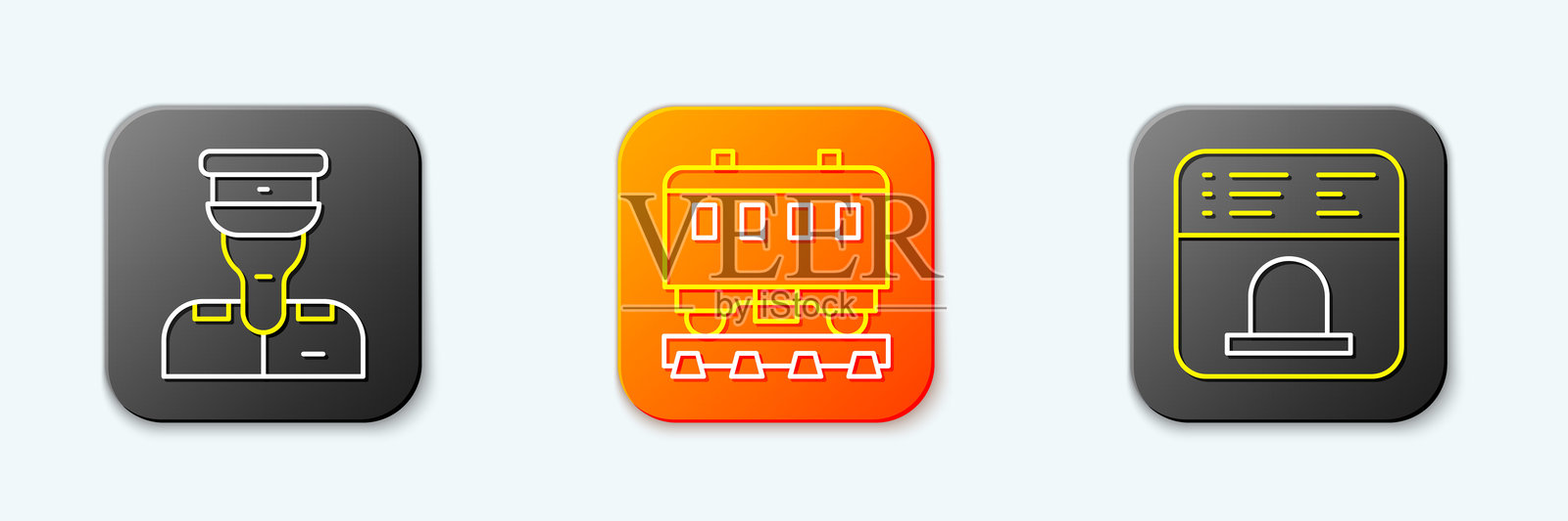 列车员、客运列车车厢和售票处购票图标。矢量图。插画图片素材