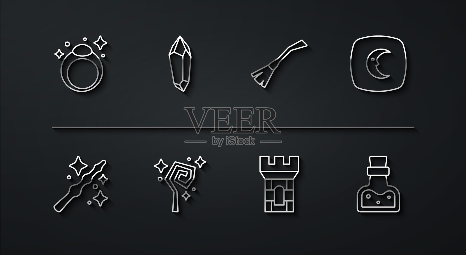 设置线魔法石戒指，魔杖，月亮星星，城堡塔，工作人员，瓶子与药水和女巫扫帚图标。向量插画图片素材