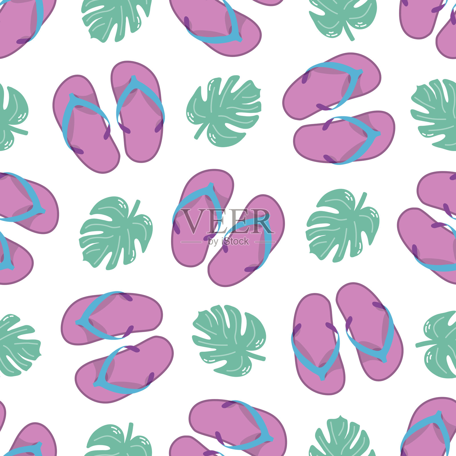 可爱的手绘人字拖和植物叶子无缝图案。平面矢量插图。涂鸦画。插画图片素材