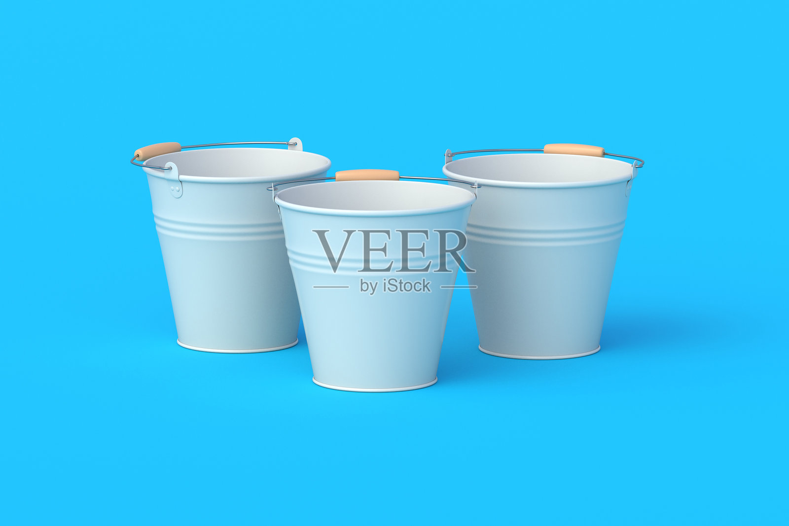 三桶水，橙色背景。复古的农业桶。园艺和农具。三维渲染照片摄影图片