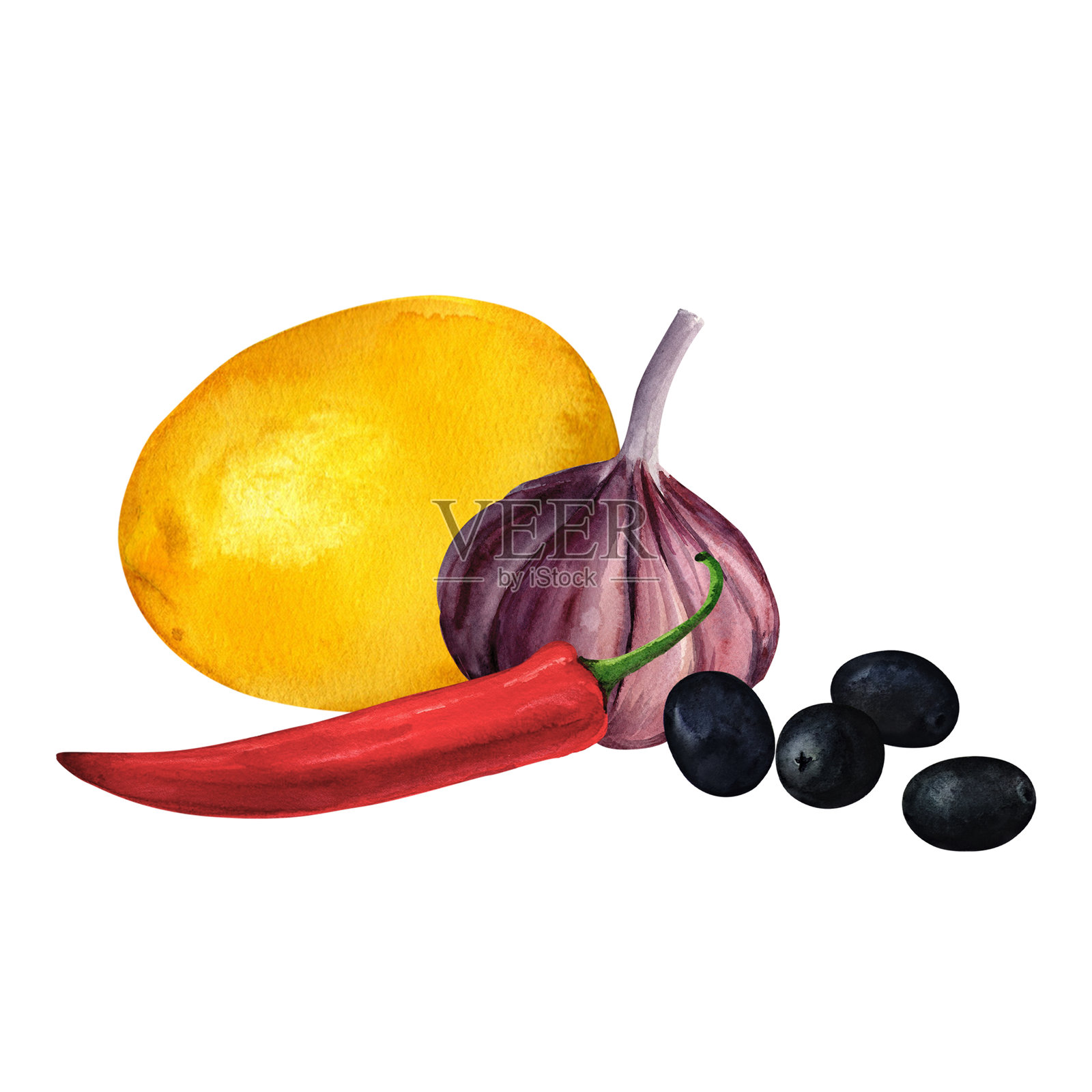 柠檬，大蒜，辣椒和黑橄榄隔离在白色背景，柠檬，大蒜，辣椒和黑橄榄隔离在白色背景。插画图片素材
