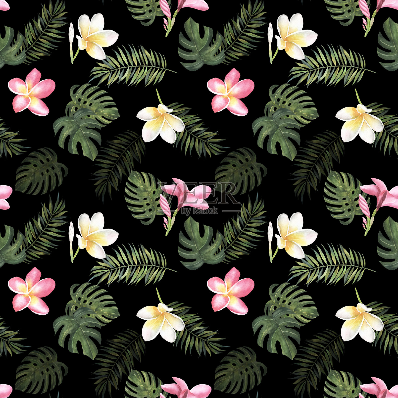 海滩欢快的无缝图案壁纸热带深绿色的棕榈树叶和天堂锦鸡花在浅黄色的背景。适用于纺织、织物、纸张。手绘水彩画插画图片素材