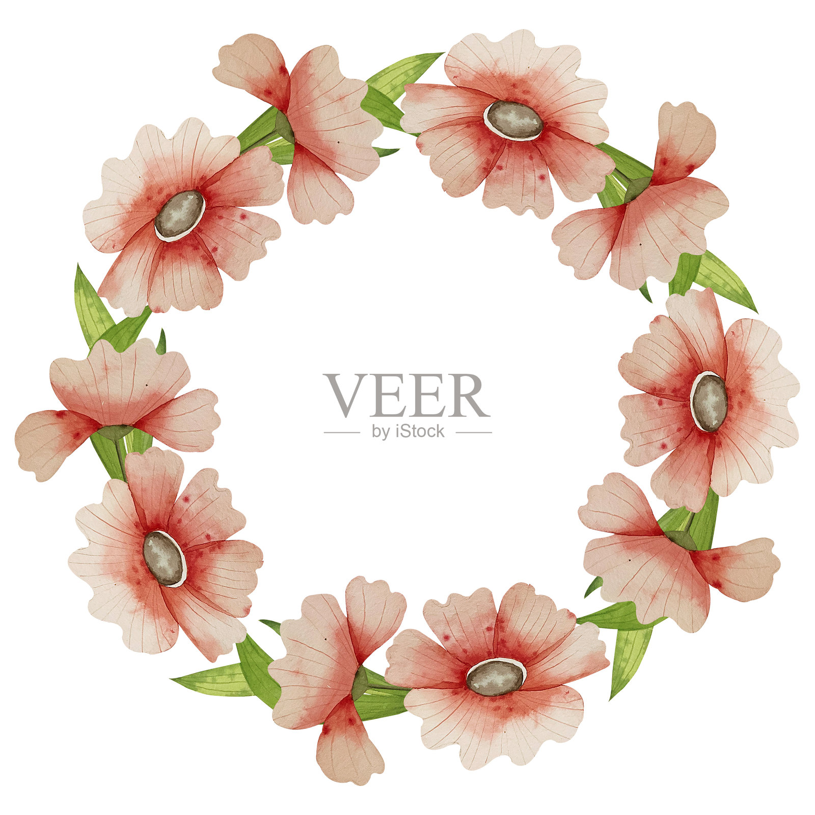 精致的花环手绘水彩花和树叶。插画图片素材