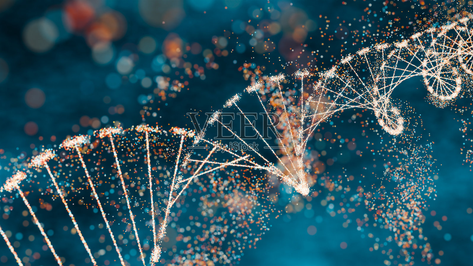 一个DNA分子的3D插图与闪闪发光的效果，象征着复杂性和遗传多样性。基因组学、精准医学和计算生命科学的未来概念。照片摄影图片