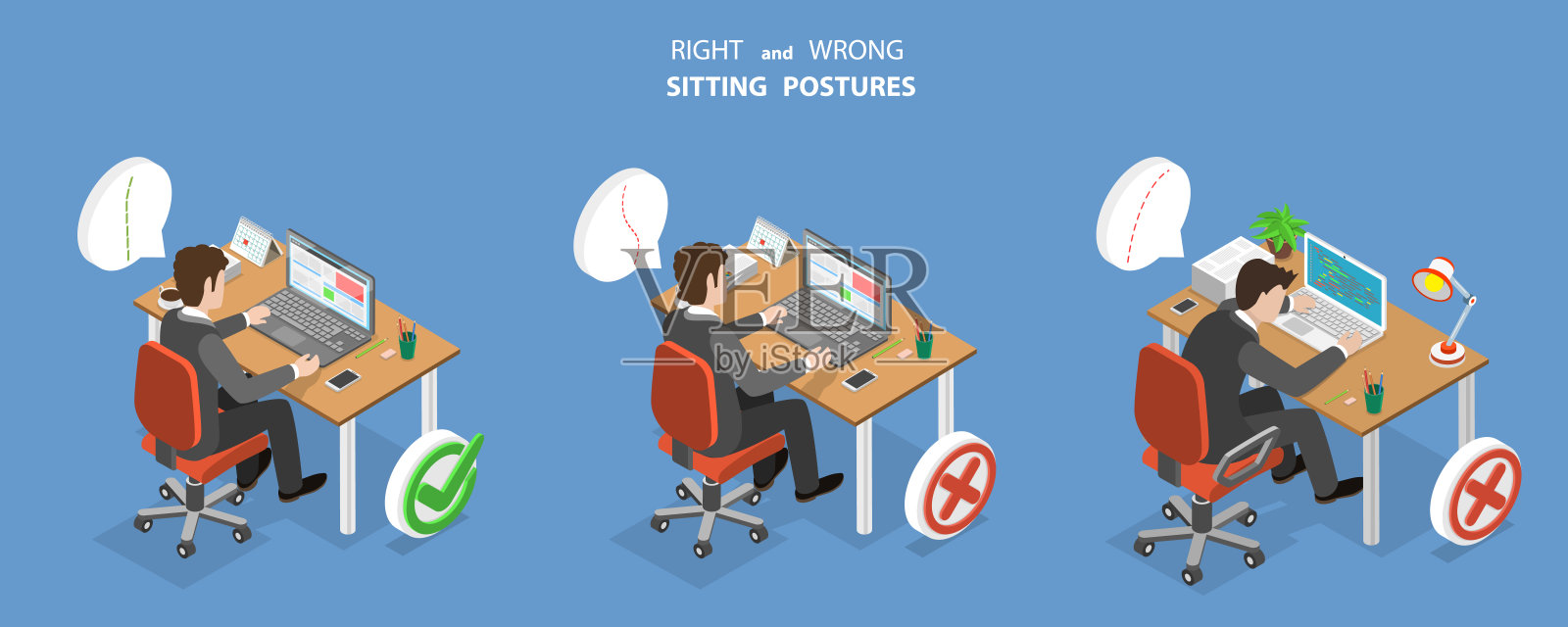 三维等距平面矢量概念插图的正确和错误的坐姿插画图片素材