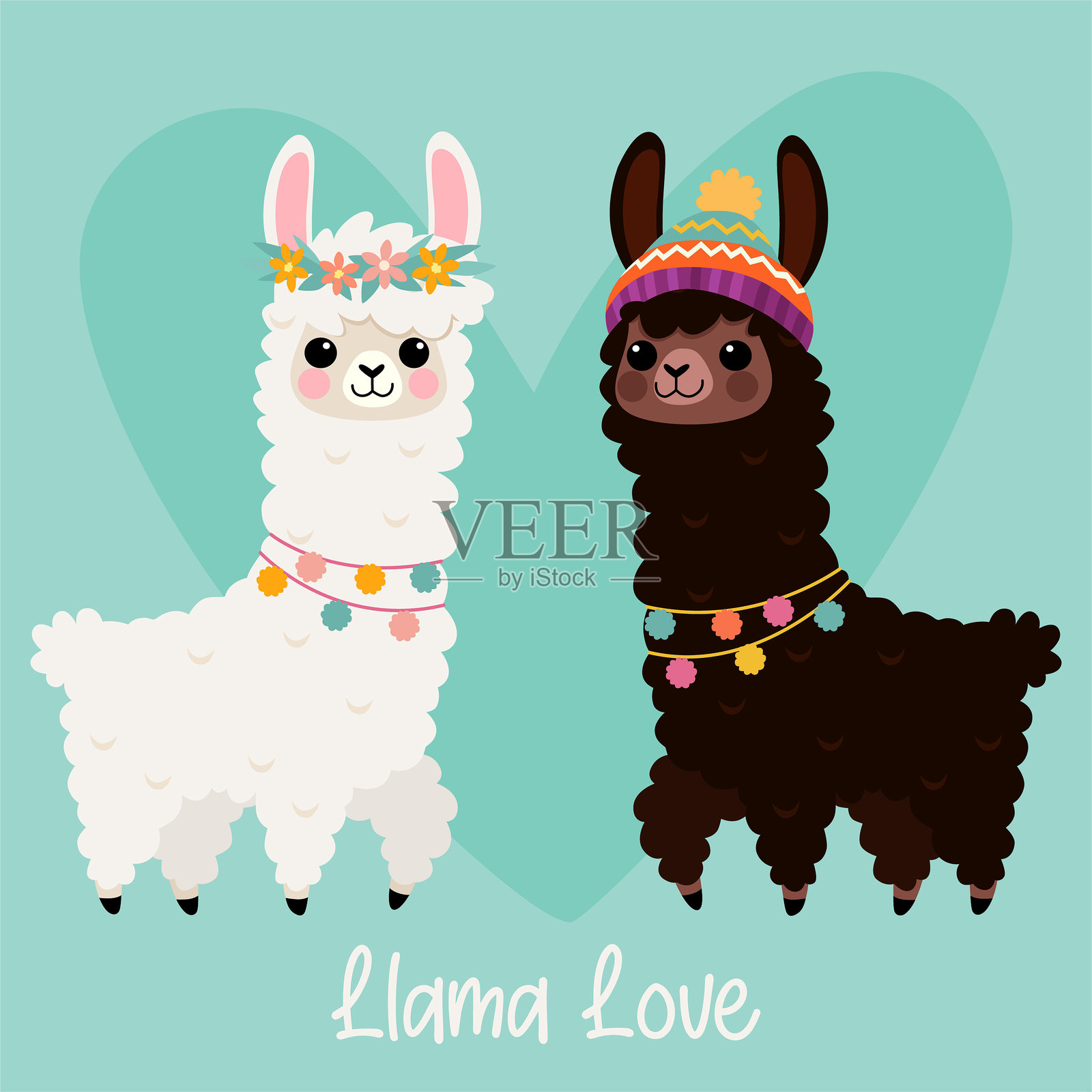 两只可爱的卡通大羊驼，以心形为背景。海报，生日卡和其他用途的矢量设计。插画图片素材
