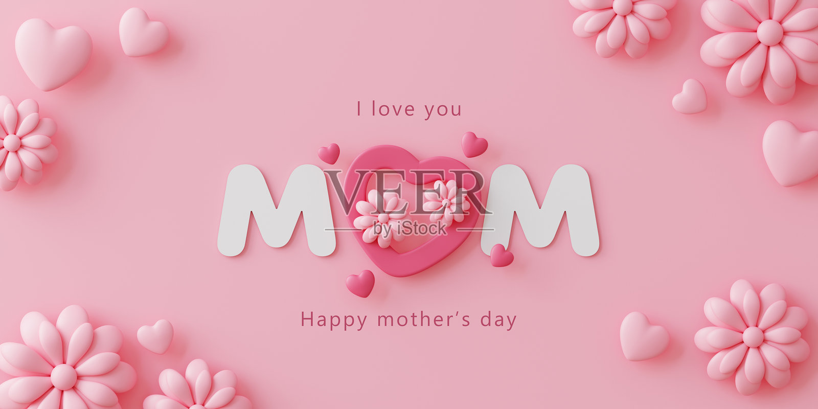 粉红色的背景，心形和花朵的设计。短信说我爱你，妈妈。这张照片是为母亲节准备的照片摄影图片