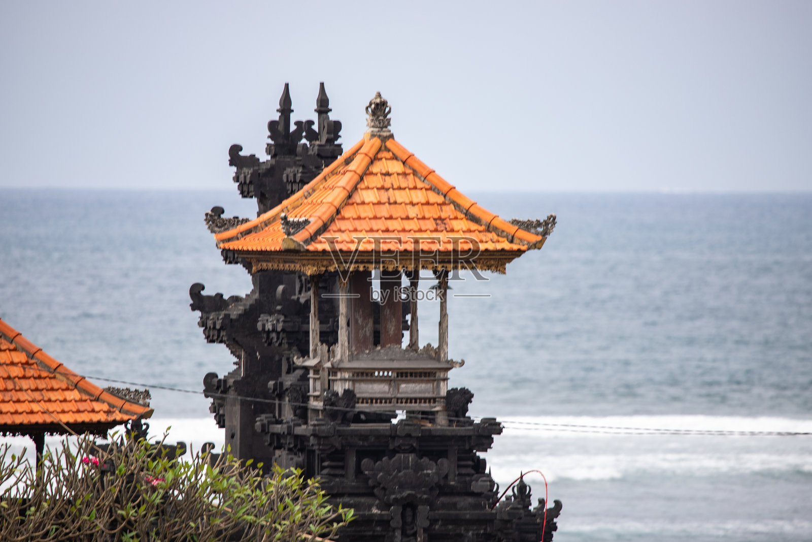 清晨美丽的新鲜稻田，水面波光粼粼。视野中可见鱼群游动，远处是一座印度教寺庙。热带岛屿的风景拍摄，地点：印度尼西亚巴厘岛的沙努尔。照片摄影图片