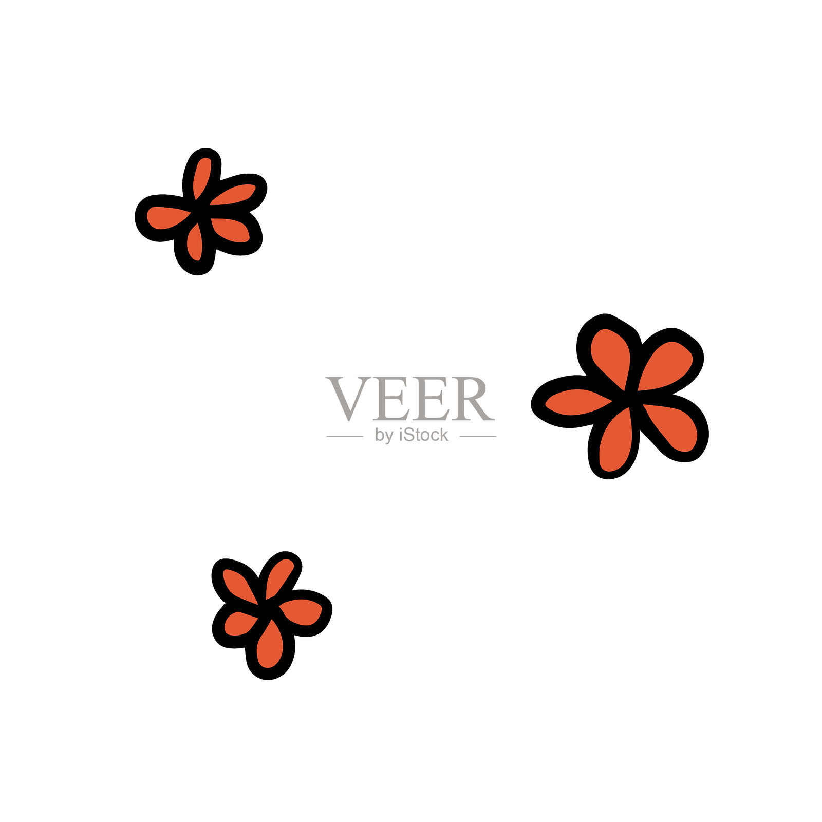 一组3朵可爱的手绘涂鸦花朵，背景为单色。插画图片素材