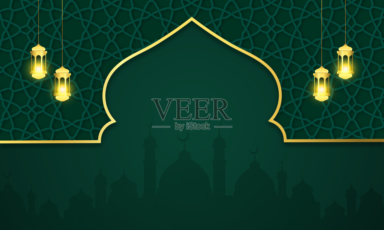 优雅的伊斯兰教清真寺传统装饰，带有灯笼和花卉图案的绿色拱门设计背景插画图片素材