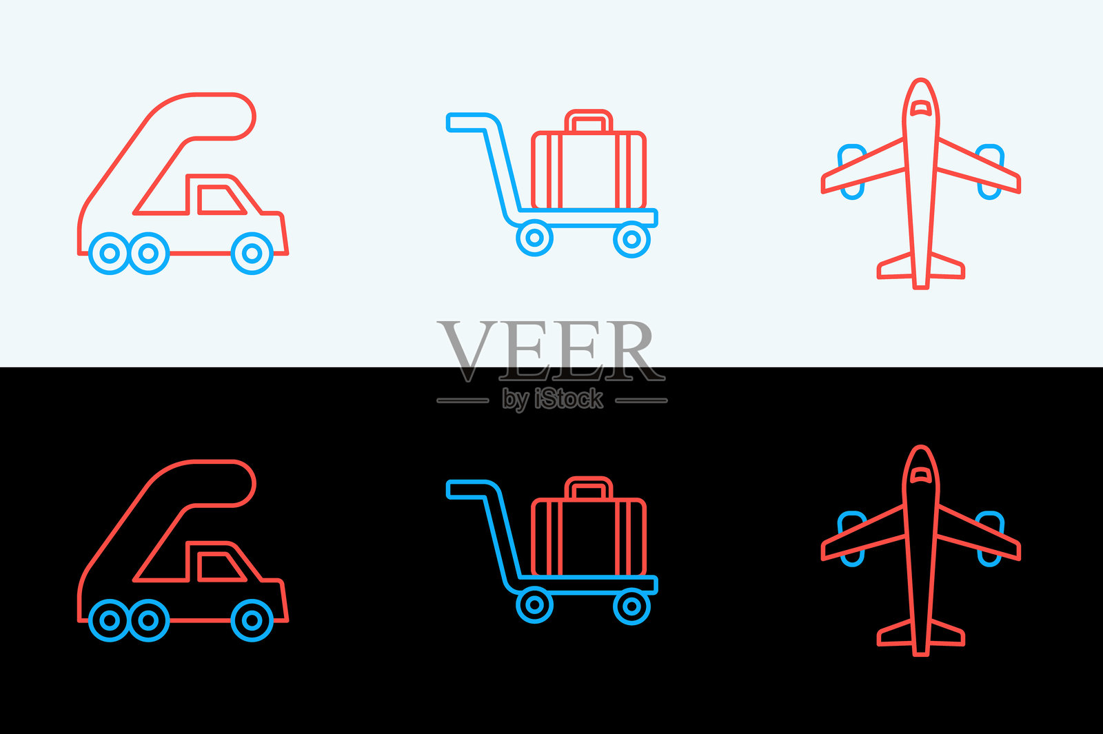 飞机登机的登机梯和行李车图标。矢量图。插画图片素材