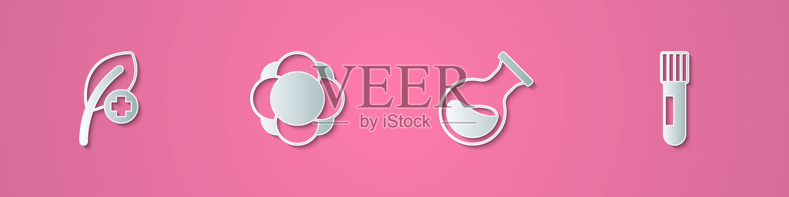 纸艺风格的纸剪叶子或叶片、分子、试管和烧瓶图标。矢量图。插画图片素材