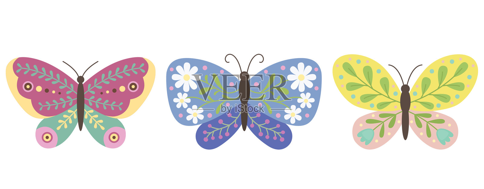 一组可爱的装饰蝴蝶。插画图片素材