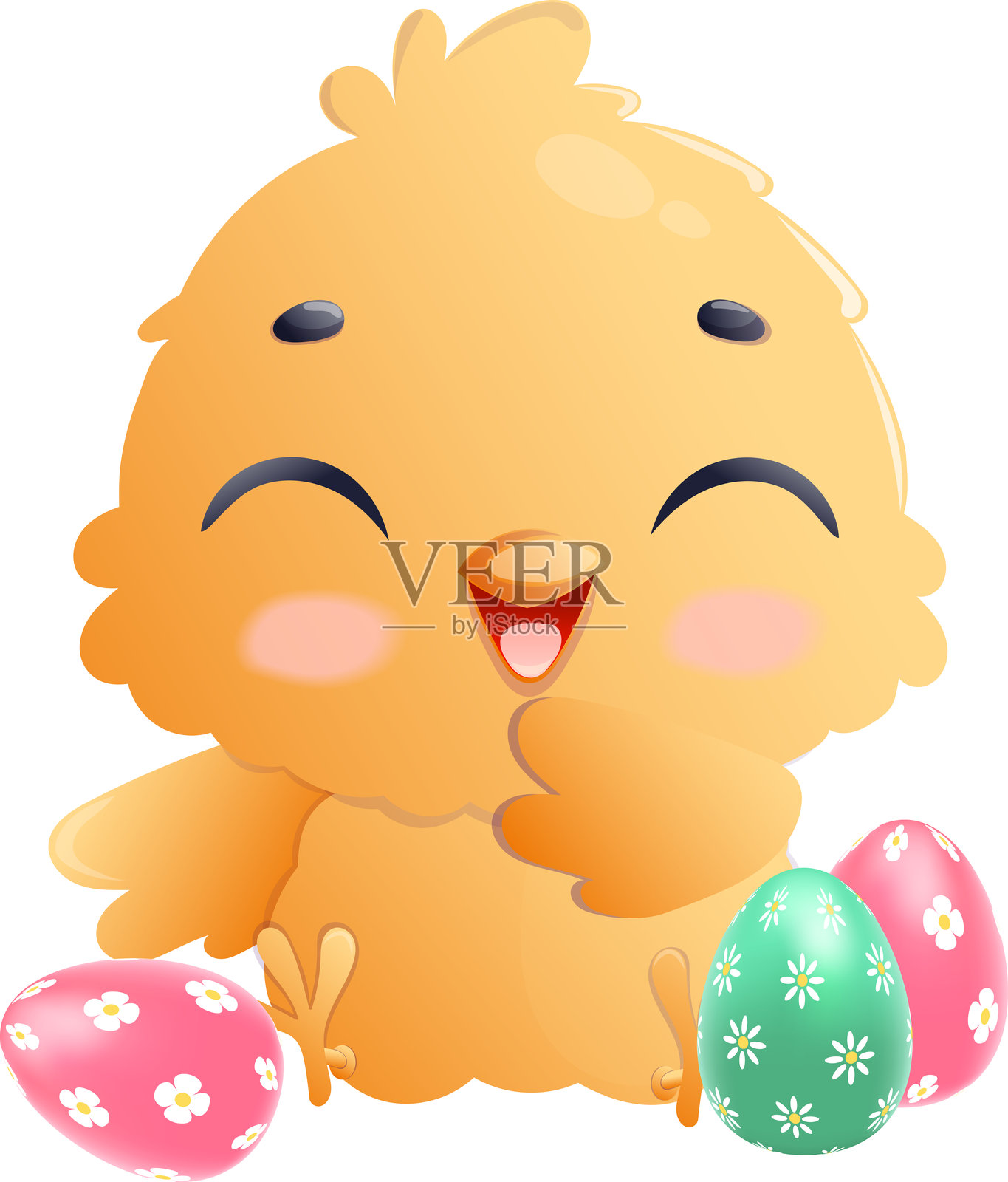 快乐的小鸡坐在装饰好的复活节彩蛋旁，庆祝复活节。矢量插图。插画图片素材