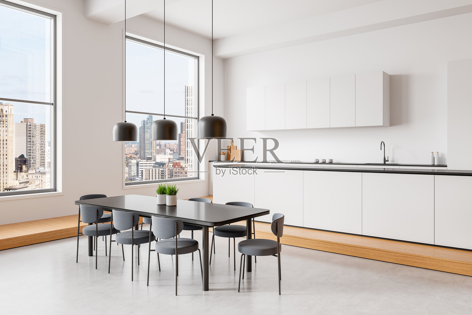 现代木质厨房室内设计，配有大窗户和自然光。3D渲染图照片摄影图片