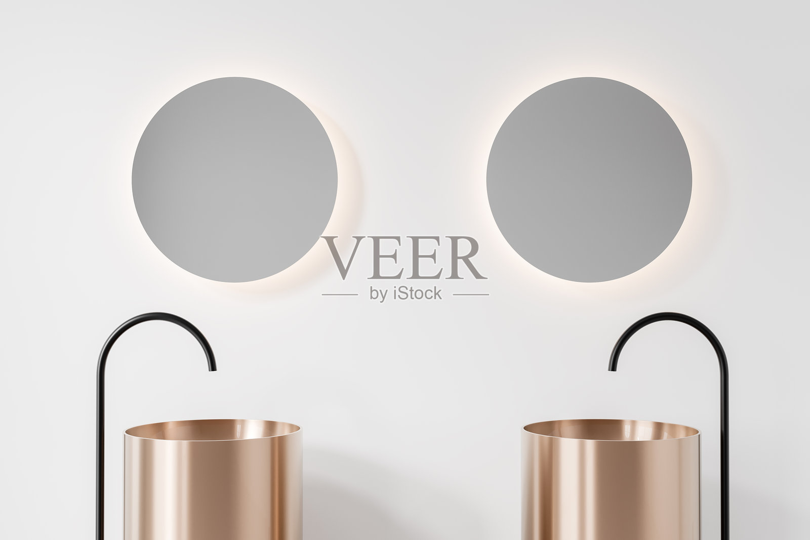 现代浴室，圆形镜子和白色洗手盆放置在木质梳妆台上，背景是蓝色瓷砖墙。3D渲染图照片摄影图片