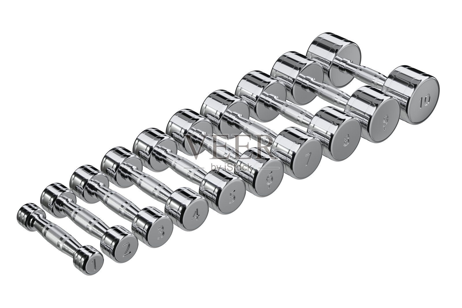 十个圆形哑铃套装，按1到10的顺序排列。举重健身器材照片摄影图片