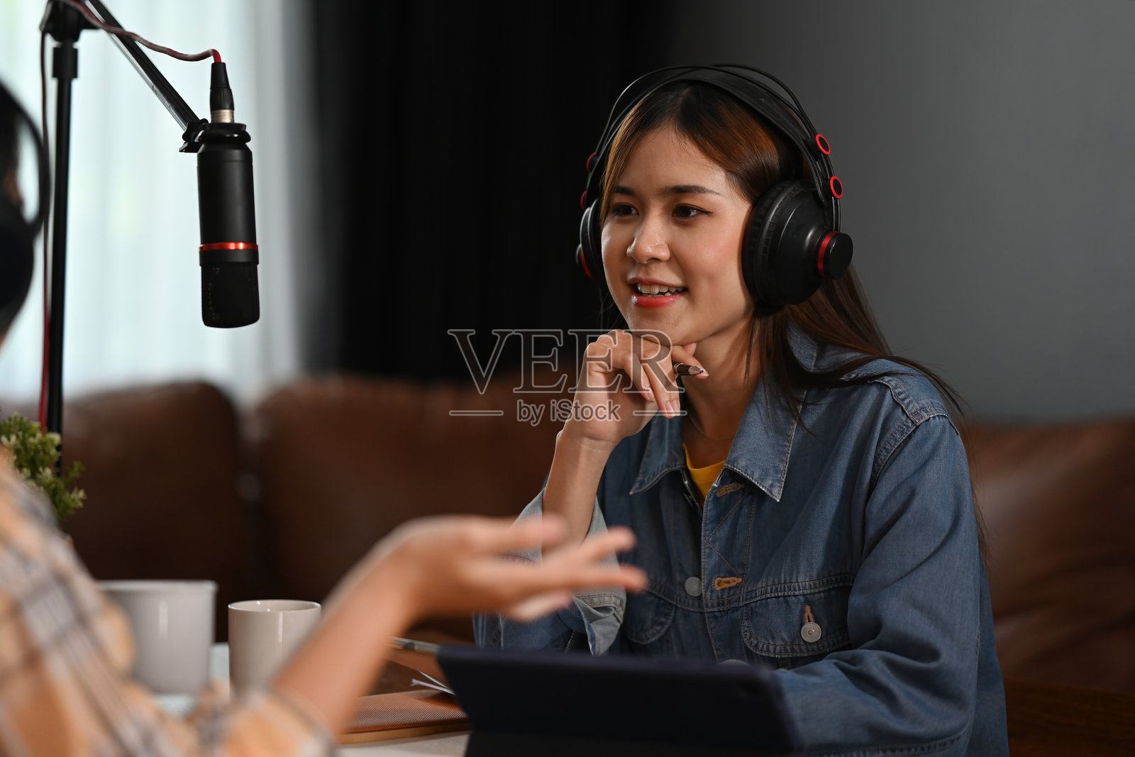 播客主持人与嘉宾互动时的专注与吸引力，突显专业音频设备和舒适宜人的家庭工作室氛围。照片摄影图片