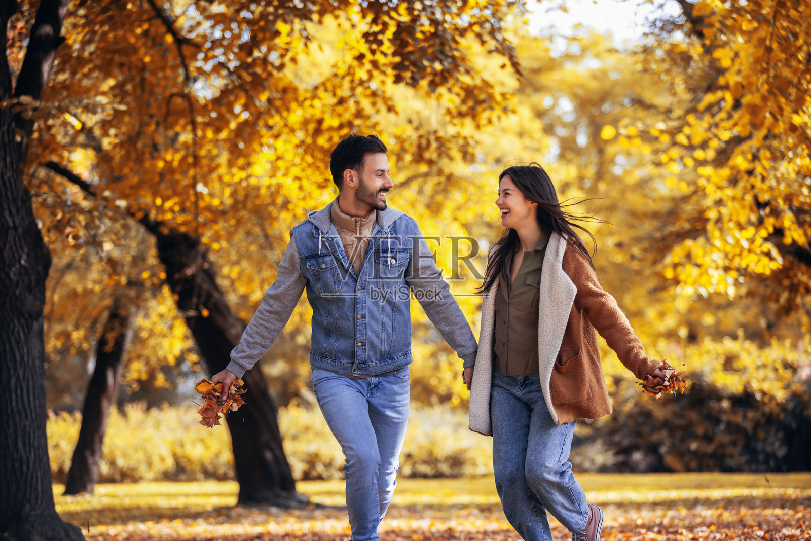 快乐的情侣在秋天的多彩公园里抛洒落叶。照片摄影图片