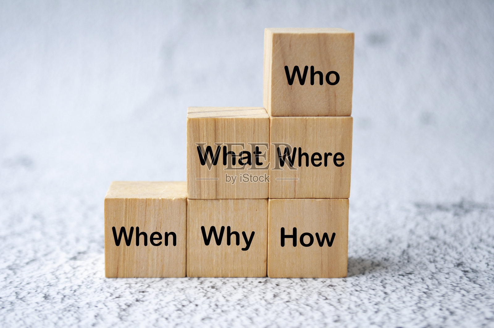 堆叠木块的谁、什么、哪里、何时、为什么和如何文本。事实发现概念照片摄影图片