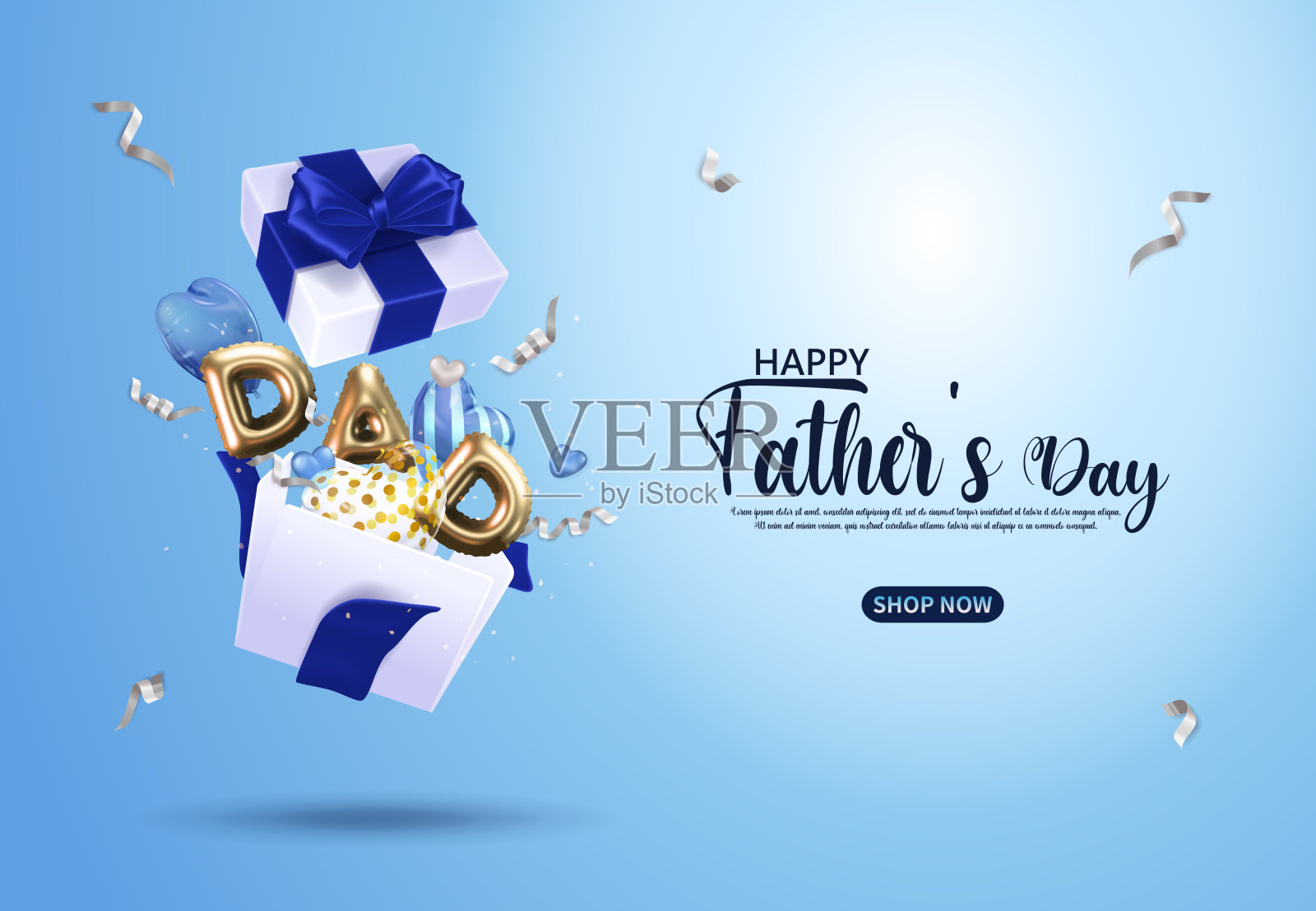 蓝色父亲节销售页面，打开礼盒，放飞爱心气球、爸爸信气球和彩带插画图片素材