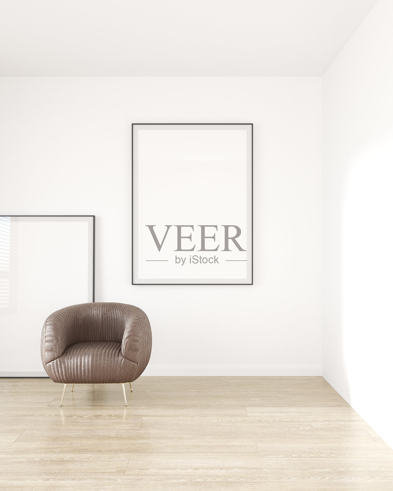 一个房间的3d渲染，有一把棕色的皮椅子，墙上有两个相框模型，3d插图。照片摄影图片