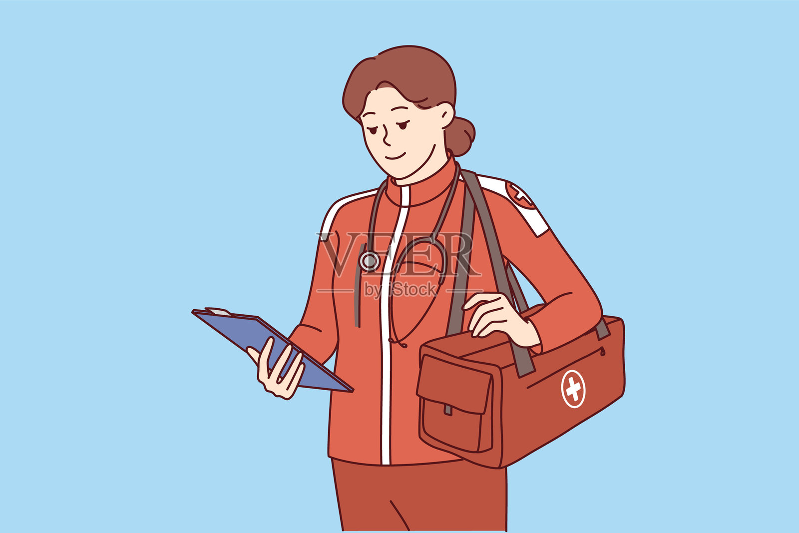 在救护车和911服务中心工作的女医生穿着红色制服，手里拿着写字板插画图片素材