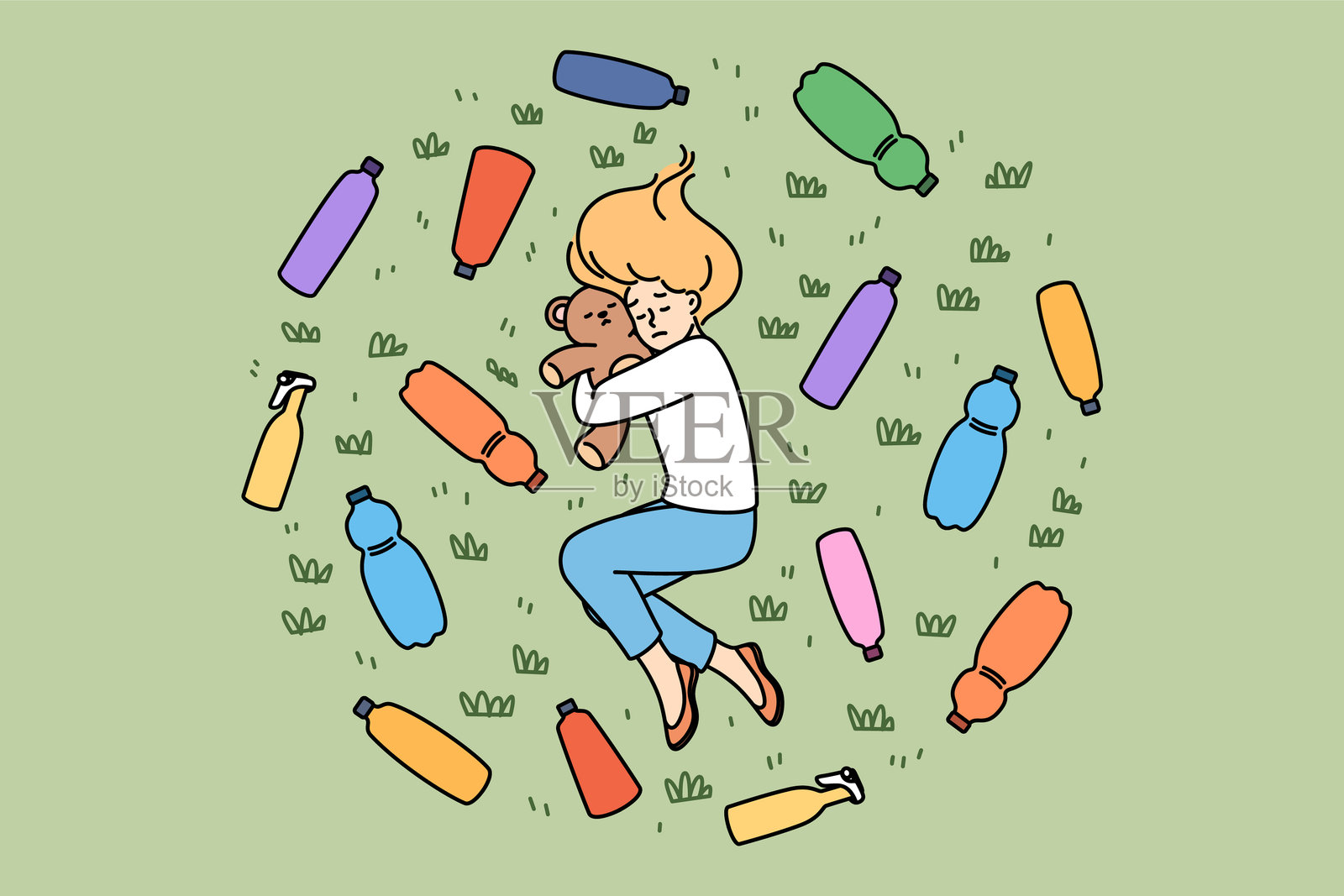 环境灾难和塑料垃圾给躺在草坪上的瓶子中间的少女带来压力插画图片素材