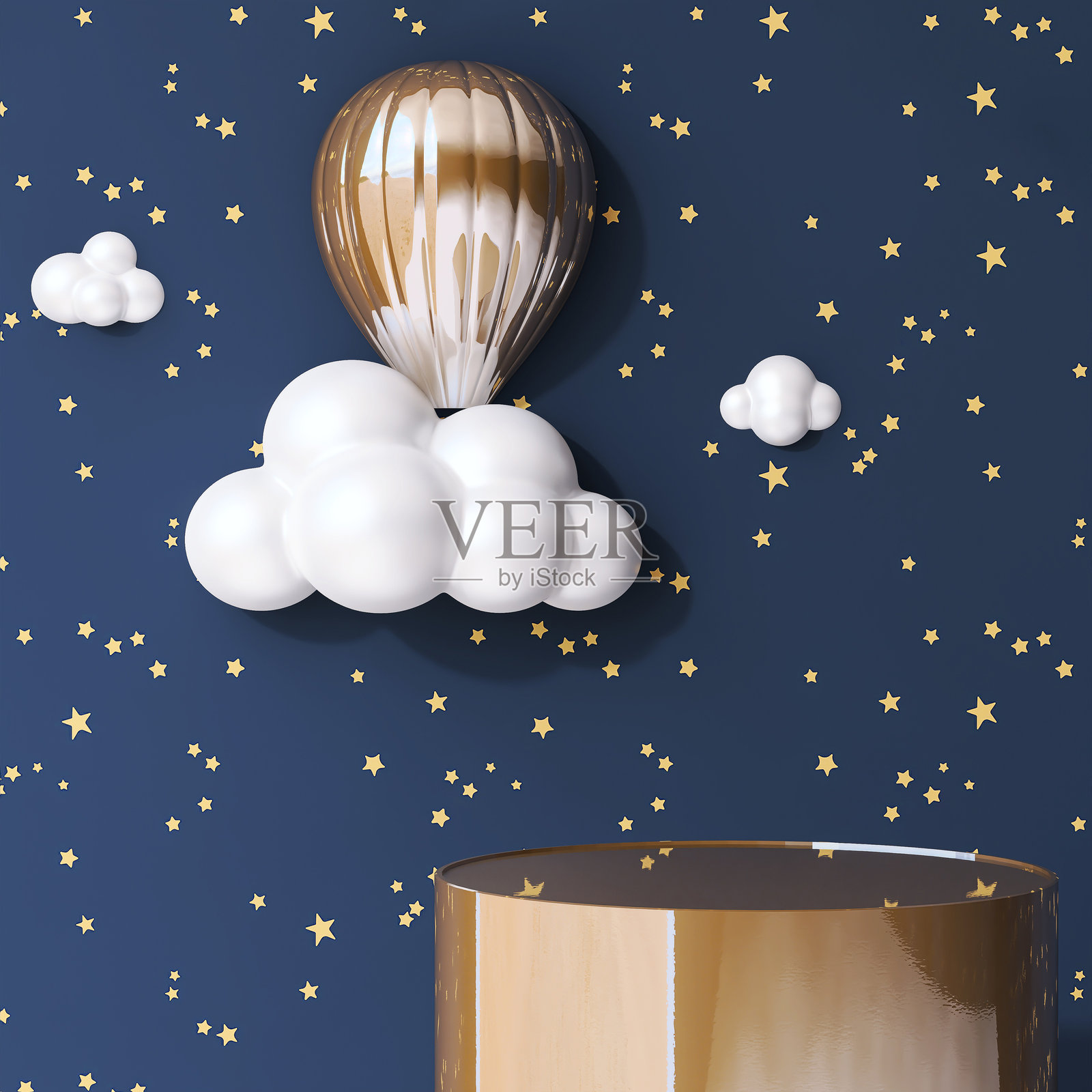 闪亮的金色讲台，上面有白云的雕塑，蓝色的墙上有星星的热气球照片摄影图片