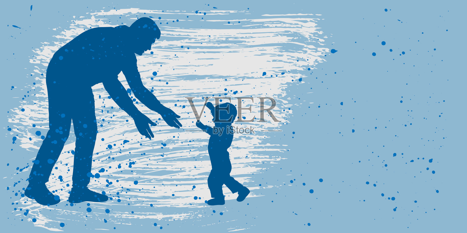 父亲节。父亲和婴儿第一步的剪影在蓝色的背景与飞溅，复制空间。矢量插图。插画图片素材