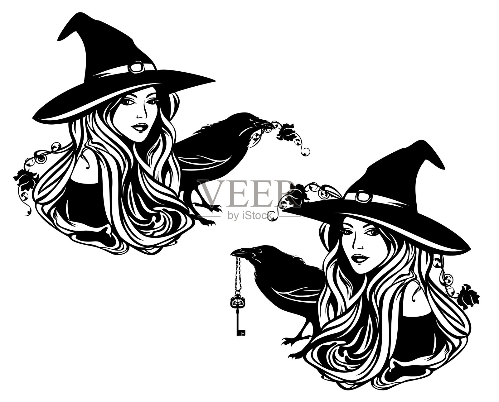 美丽的年轻女巫在锥形帽子和黑色乌鸦鸟与玫瑰花和关键矢量轮廓肖像插画图片素材